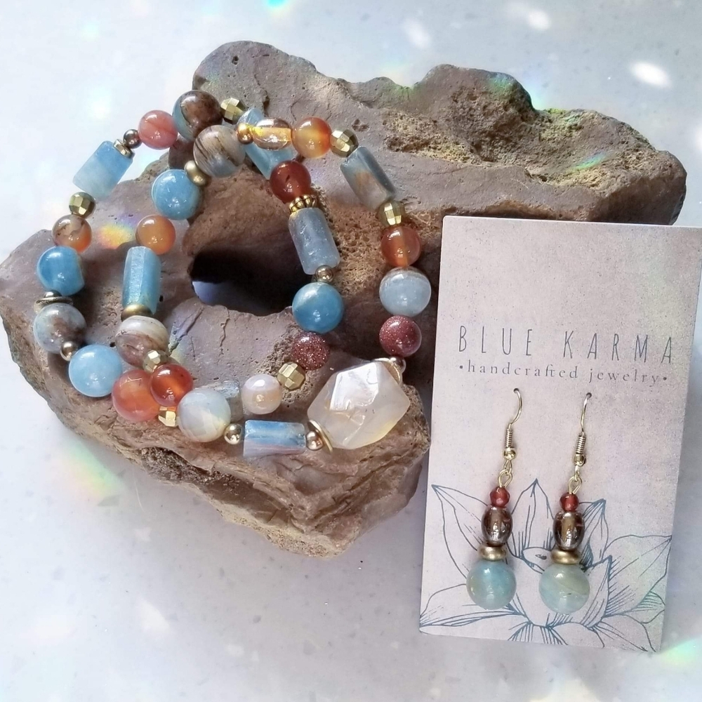 Ocean Sunset Inspired Blues & Luminous Orange Double Bracelet & Earrings Set